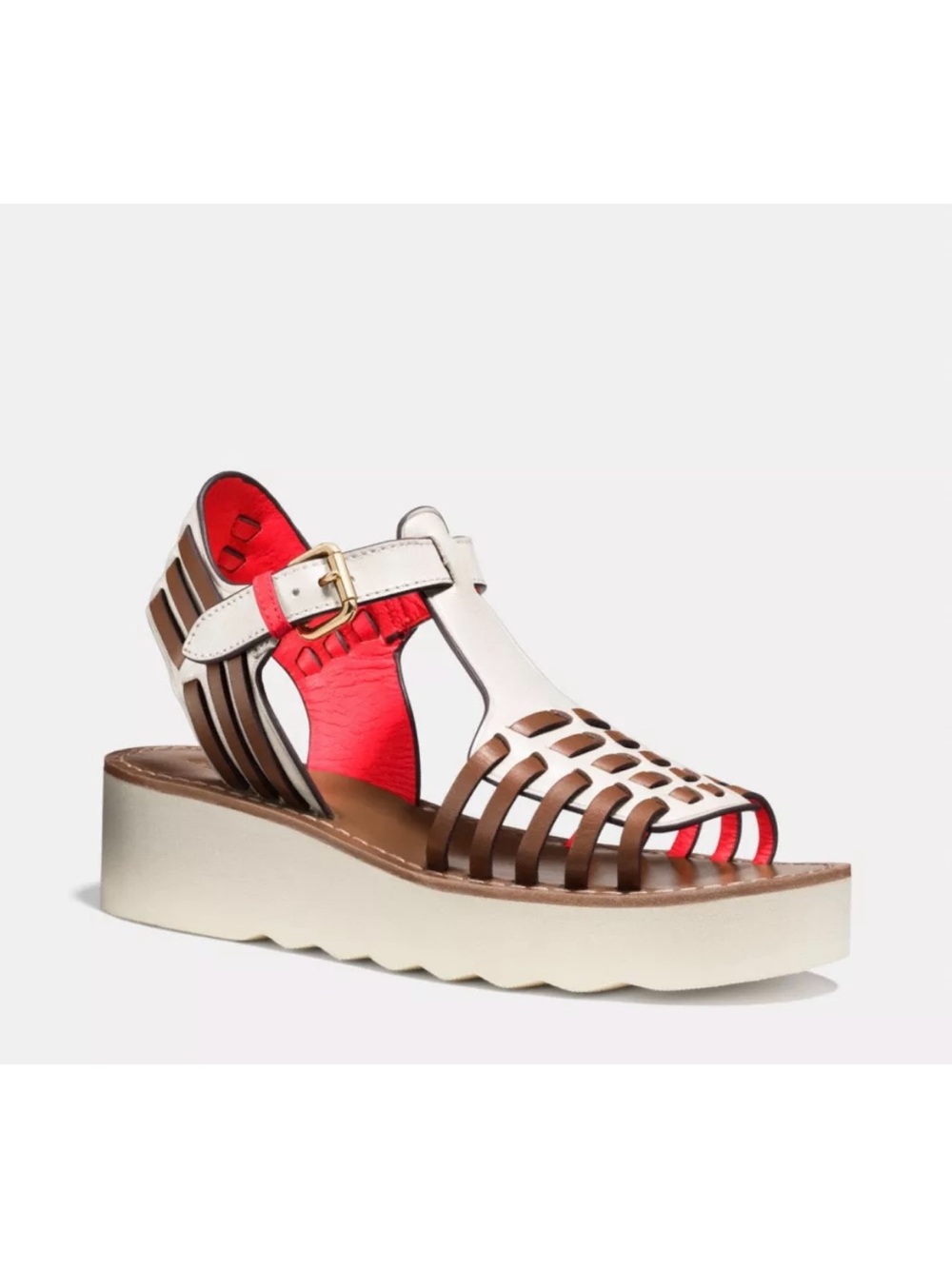 Coach Putnam Huarache Calf Leather Platform Wedge Sandal 9 medium CHALK CINNAMON
